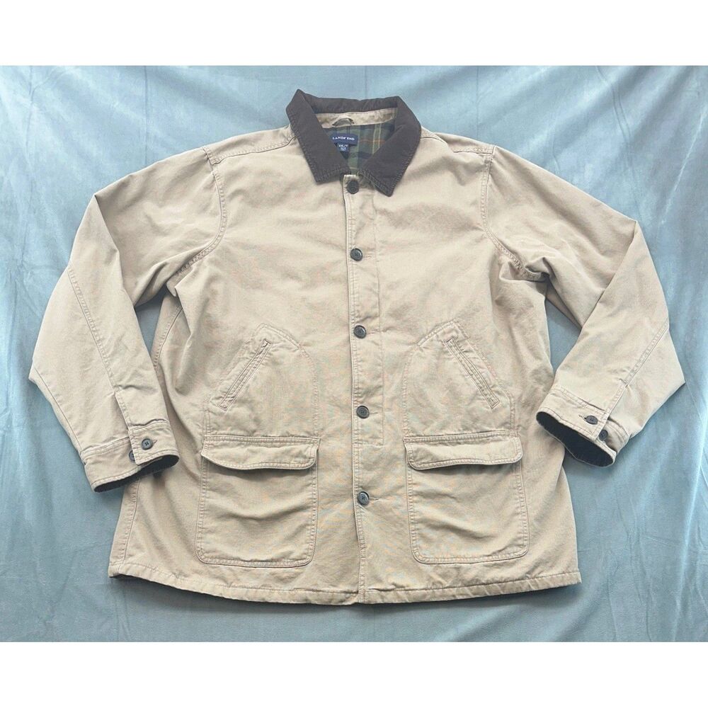Lands End Mens XXL Tall Khaki Tan Cotton Canvas Barn Coat Plaid Lined Jacket